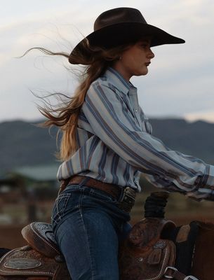 Women's Cowboygirl Ecru & Cowboy Blue Stripe Granddaddy Snap Shirt