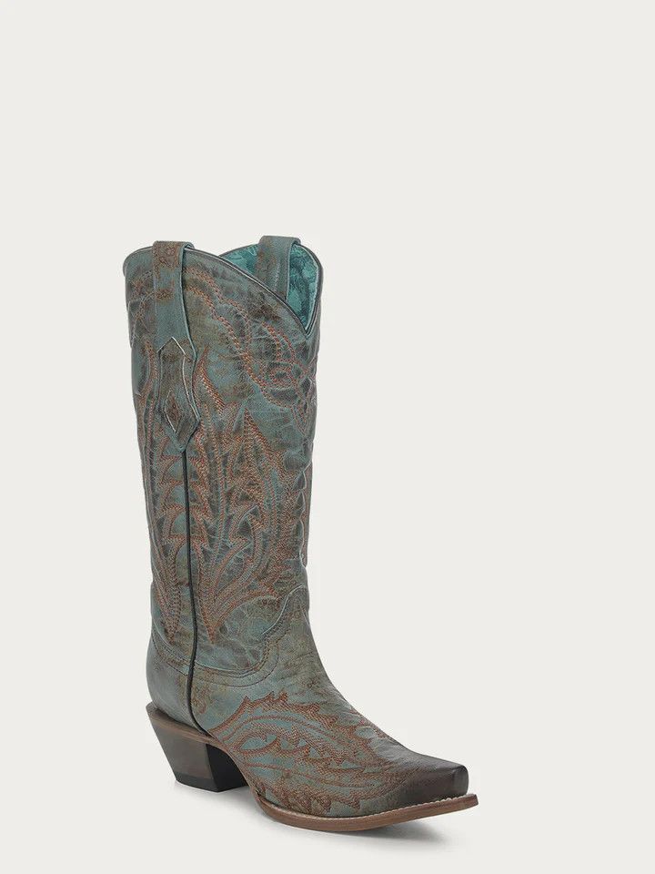 Women's Corral Embroidery Vintage Worn Finish Turquoise Snip Toe