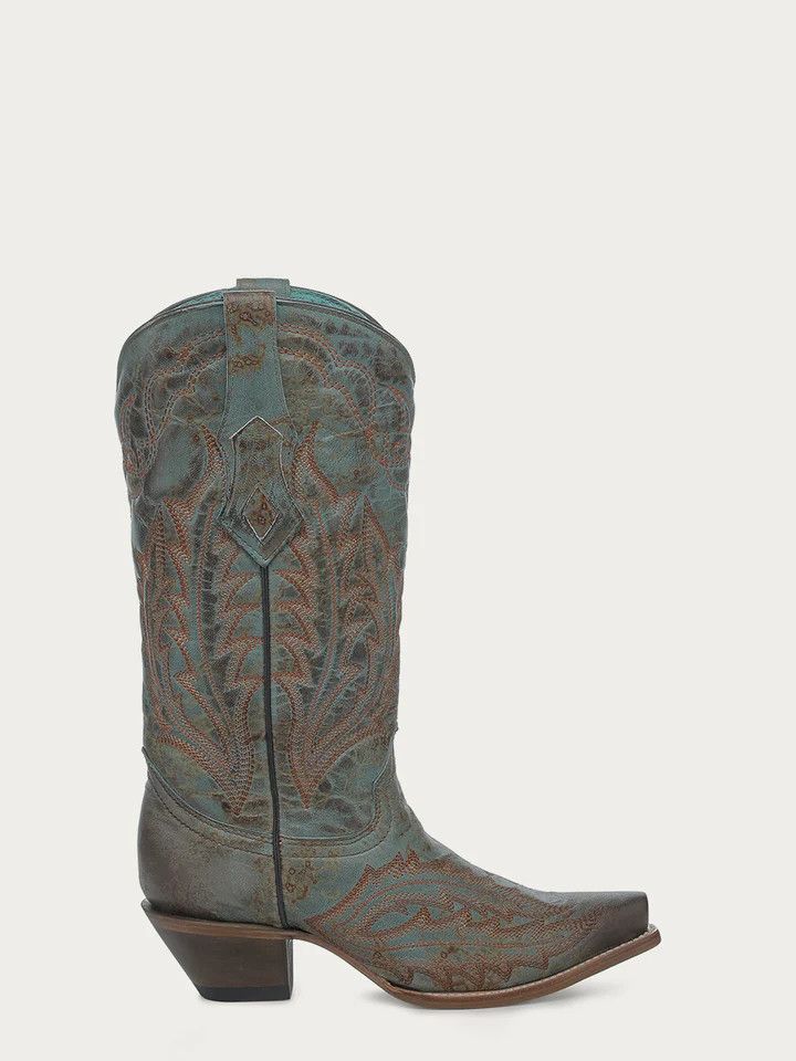 Women's Corral Embroidery Vintage Worn Finish Turquoise Snip Toe