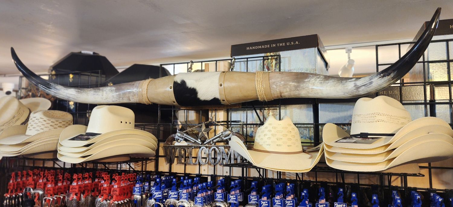 Steer Horns with Tooled Leather and Hair-On - 5'+ Steer Horns with Tooled Leather and Hair-On - 5'+