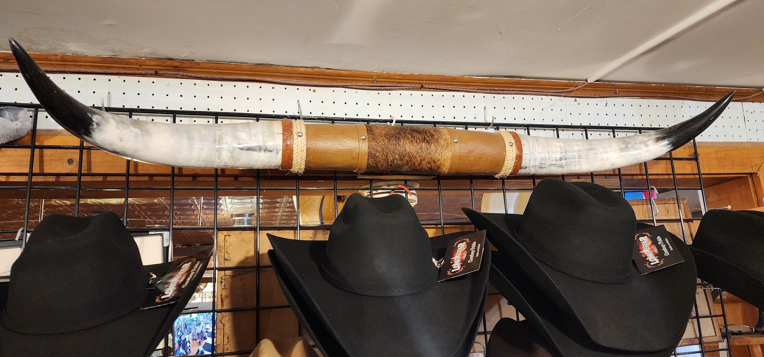 Steer Horns with Tooled Leather and Hair-On - 4' Steer Horns with Tooled Leather and Hair-On - 4'