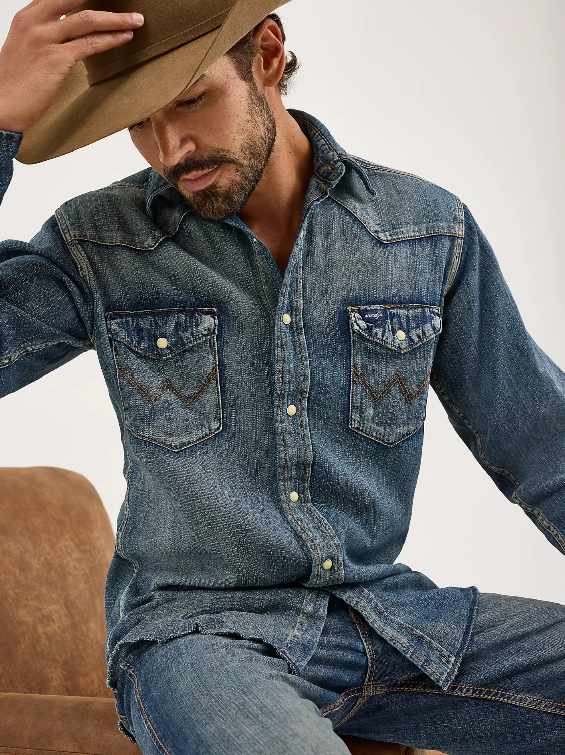 Men's Wrangler Cowboy Cut® Western Snap Indigo Slub Denim Shirt