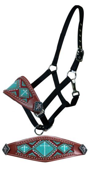 Showman Bronc Halter - Horse Size Showman Bronc Halter - Horse Size, Color: Beaded Cross Teal
