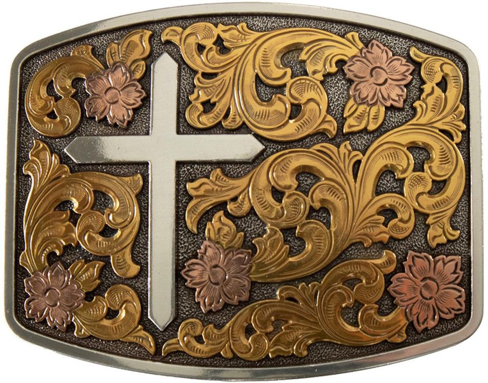 Belt Buckle - Nocona Mens Rectangle Floral Cross