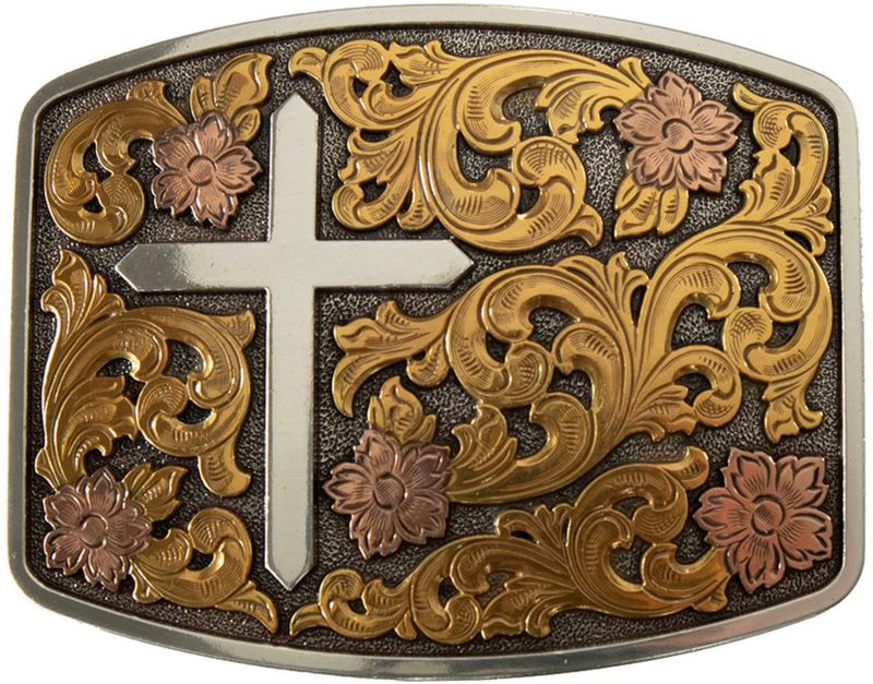 Belt Buckle - Nocona Mens Rectangle Floral Cross