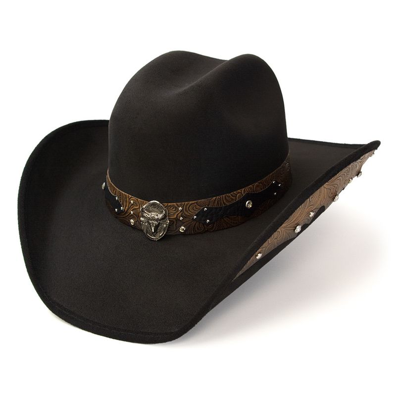 Black Suede-Like Western Hat - Leather Accents & Steer Skull Band