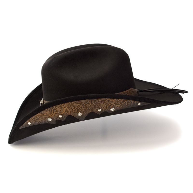 Black Suede-Like Western Hat - Leather Accents & Steer Skull Band