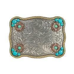 Belt Buckle - Nocona Ladies Rectangle Buckle Flower Accent Turquoise Stones