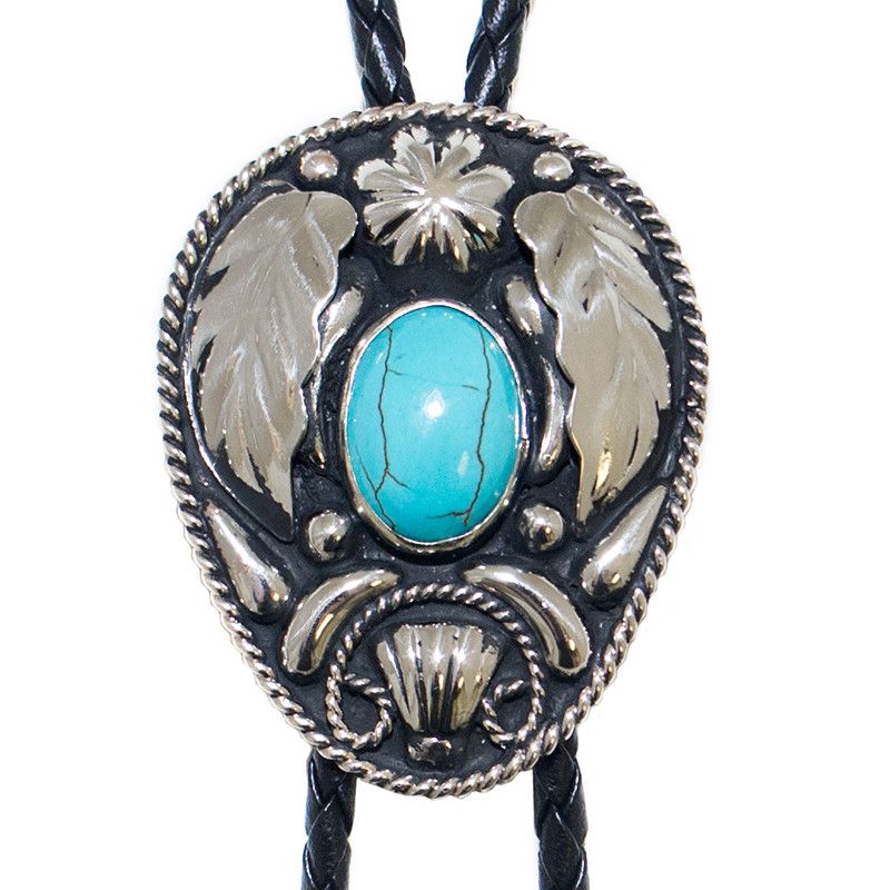 Bolo Tie - Turquoise Stone on Oval German Silver with Feathers