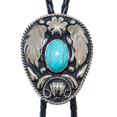 Bolo Tie - Turquoise Stone on Oval German Silver with Feathers