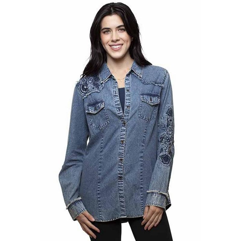 Women's Scully Western Shirt L/S Embroidered Denim Blue