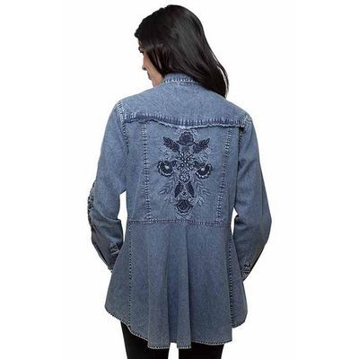 Women's Scully Western Shirt L/S Embroidered Denim Blue