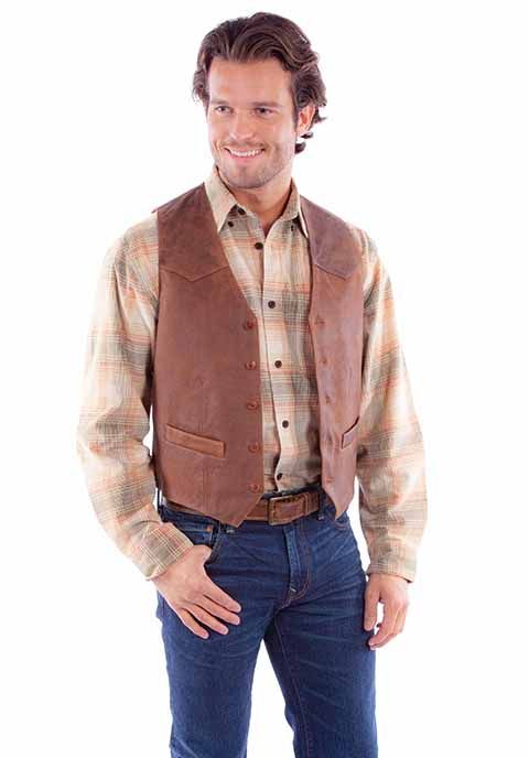 Men's Scully Brown Leather Button Front Vest
