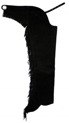 Suede Leather Chaps with Fringe and Engraved Concho - Black