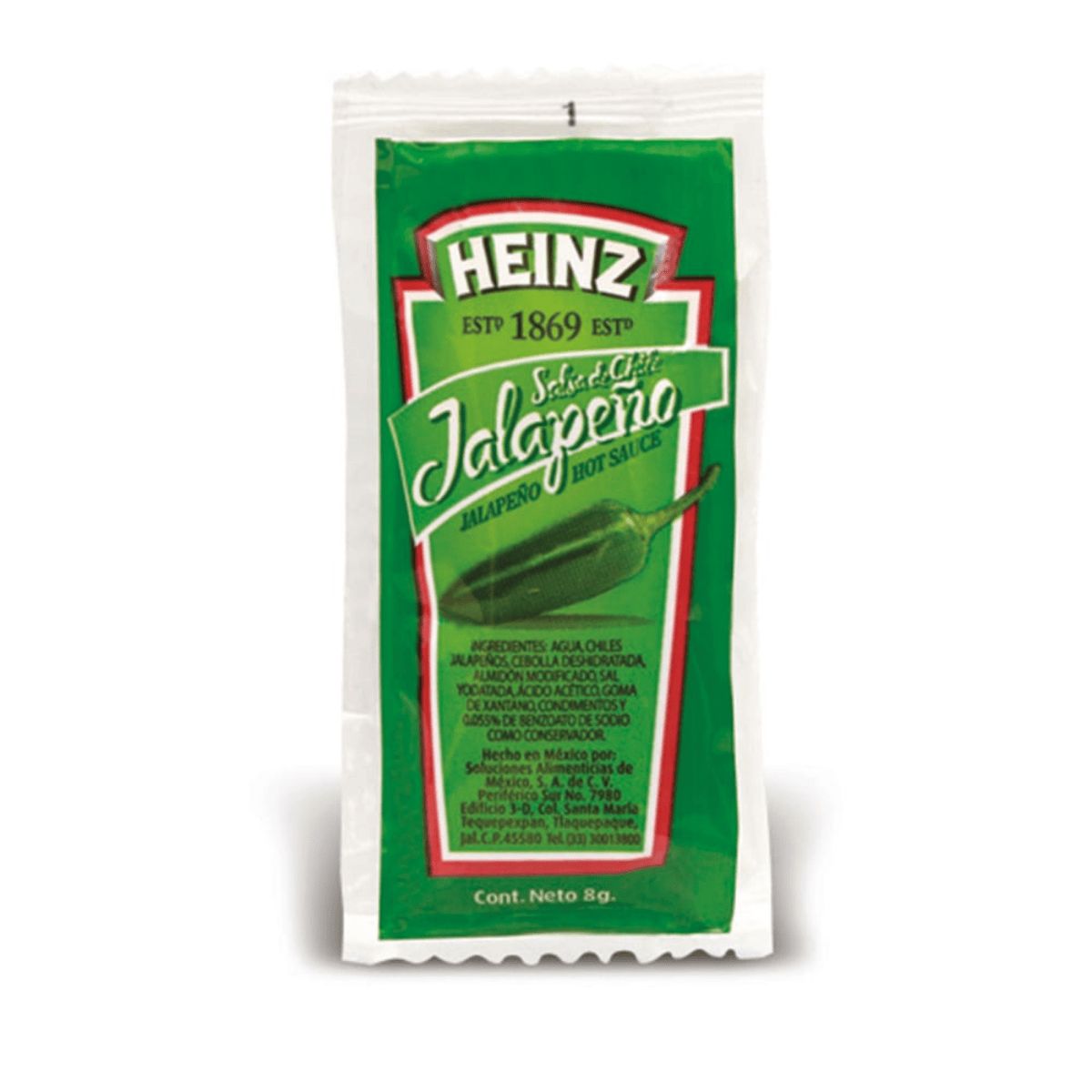 Salsa Jalapeño Heinz en sobre, caja con 500 sobres de 8 gramos. Producto Kosher