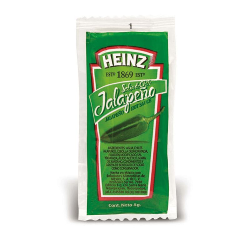 Salsa Jalapeño Heinz en sobre, caja con 500 sobres de 8 gramos. Producto Kosher