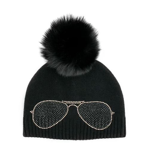 Tuque tricotée noire avec pompon en fourrure de renard HTAN18 Aviator Beanie