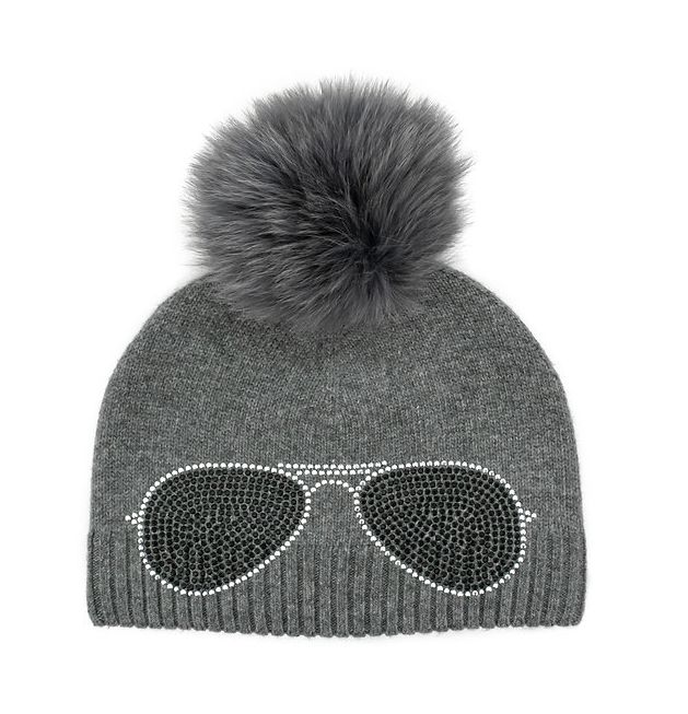 Tuque tricotée grise avec pompon en fourrure de renard HTAN18 Aviator Beanie
