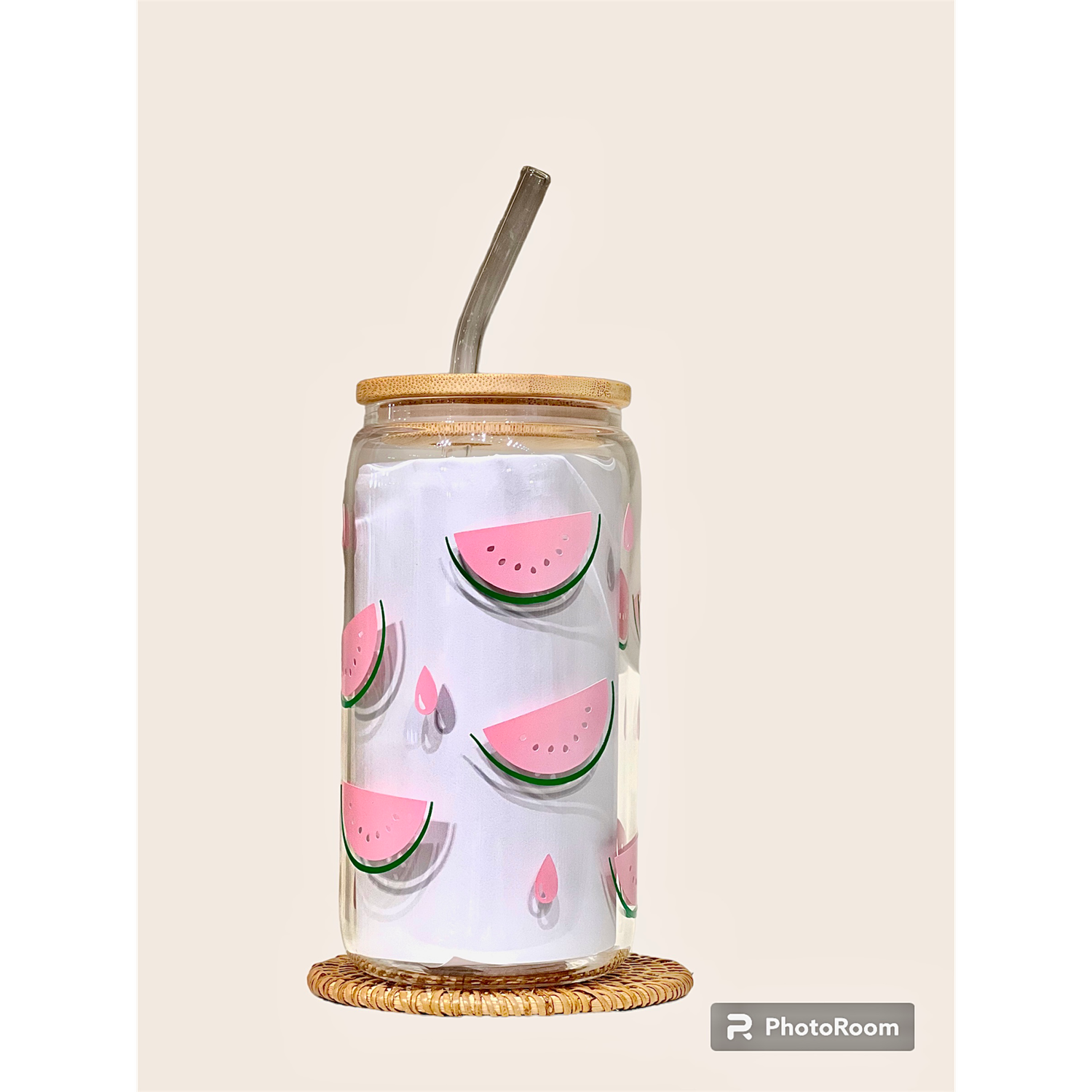 Tasse et paille en verre avec couvercle en bambou Melon d&#39;eau