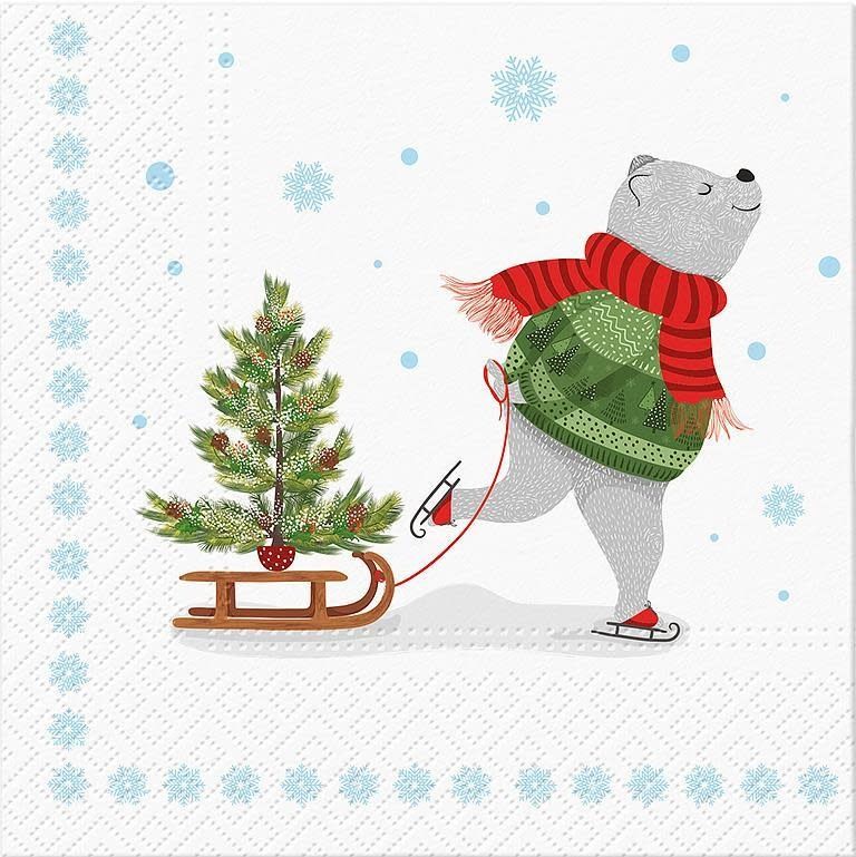 Skating bear with tree napkin/ Serviette de table ours polaire patin