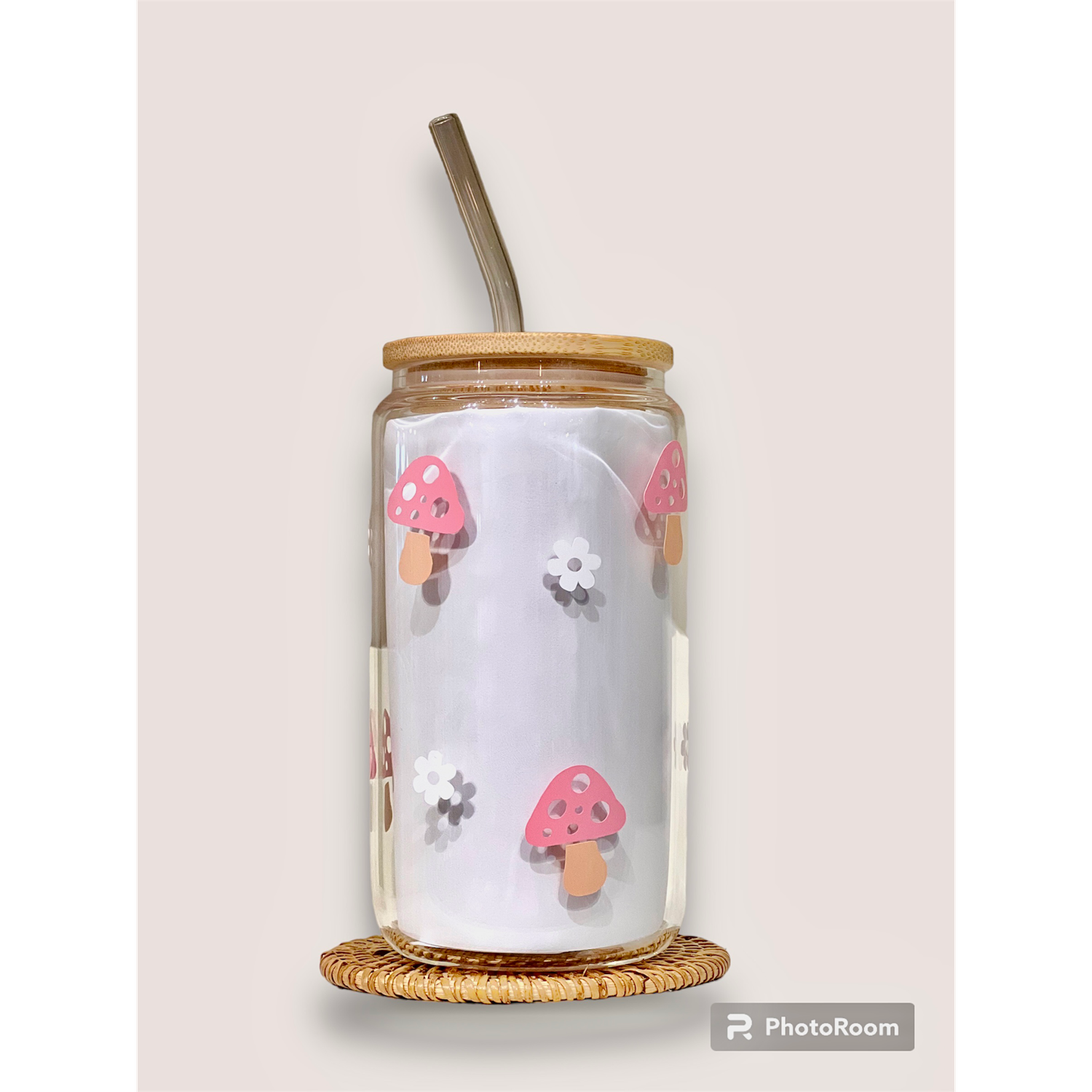 Tasse et paille en verre avec couvercle en bambou Champignons