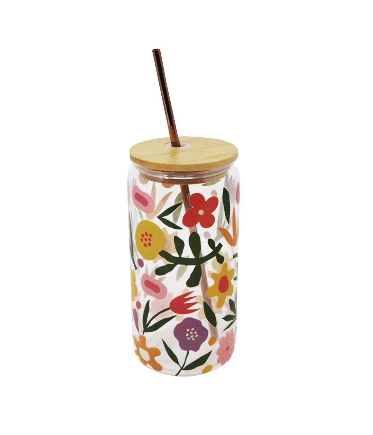 Verre Couvercle/Paille Floral 500ml    Nostalgia