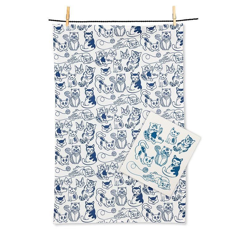 Ens. Linge Vaisselle Et Lavette Suédoise Chat