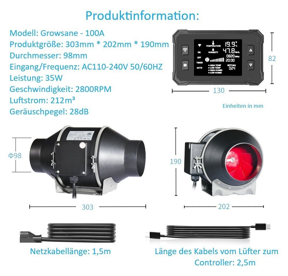 Rohrventilator 100A – leise, smart steuerbar & 212 m³/h Luftleistung