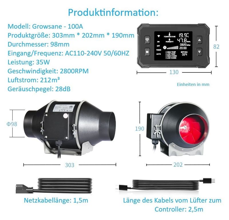 Rohrventilator - 100A ( ø 98mm) Rohrventilator 100A – leise, smart steuerbar & 212 m³/h Luftleistung
