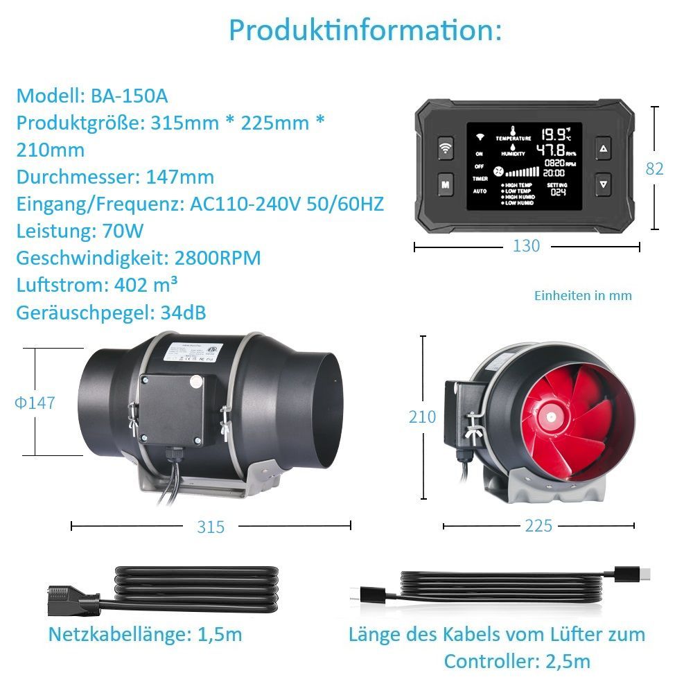 Rohrventilator 150A – stark, leise & smart für große Anbauräume