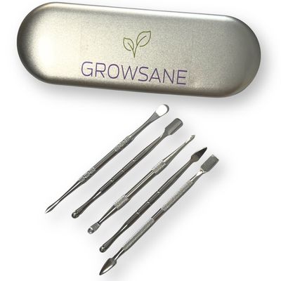 GROWSANE Rosin Werkzeug-Set – 5-teilig, Edelstahl, mit Etui GROWSANE Rosin Werkzeug-Set – 5-teilig aus Edelstahl mit Metall-Etui