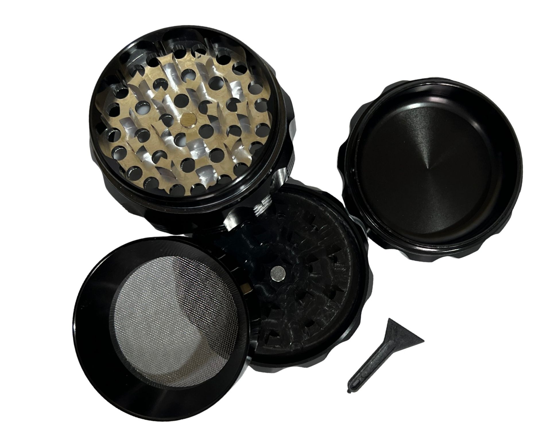 GROWSANE FLEXSTAR Aluminium-Grinder 4-teilig – geschlossen (Logo) und geöffnete Teile