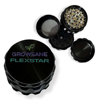 GROWSANE FLEXSTAR Aluminium-Grinder 4-teilig – geschlossen (Logo) und geöffnete Teile