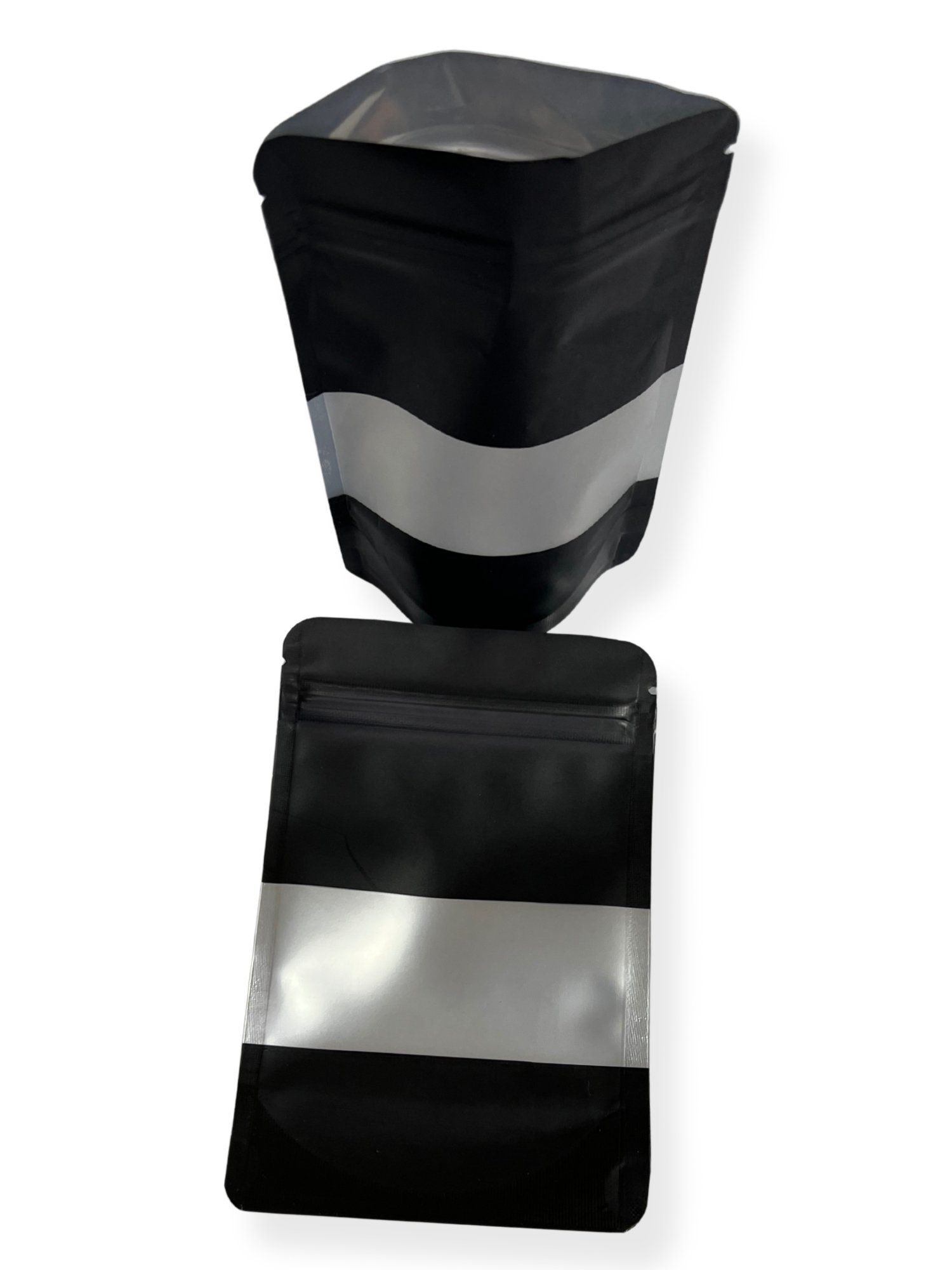 Schwarzer und goldener Terp-Lock Standbodenbeutel mit Sichtfenster, Vorderansicht