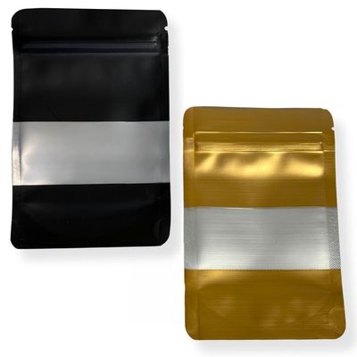 Schwarzer und goldener Terp-Lock Standbodenbeutel mit Sichtfenster, Vorderansicht