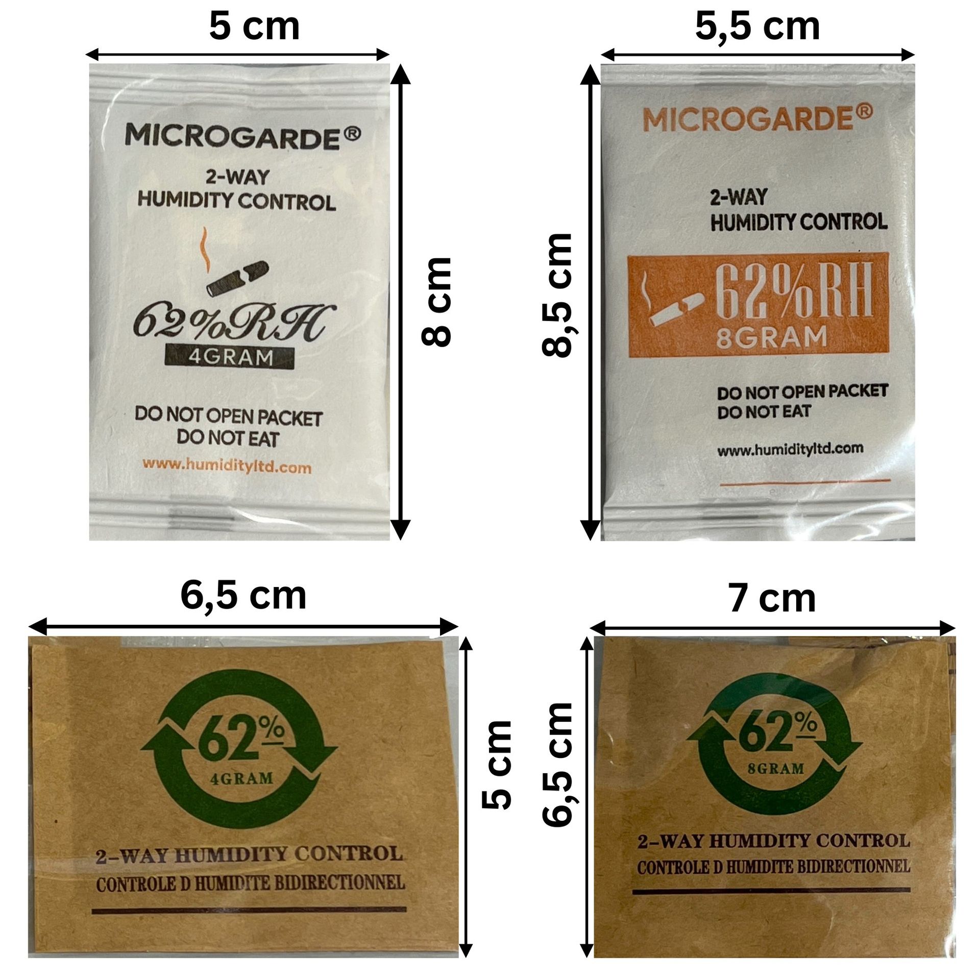 62 % Humidpacks – Weiß (Faser) 4 g & 8 g und Braun (Gel) 4 g & 8 g – Produktübersicht