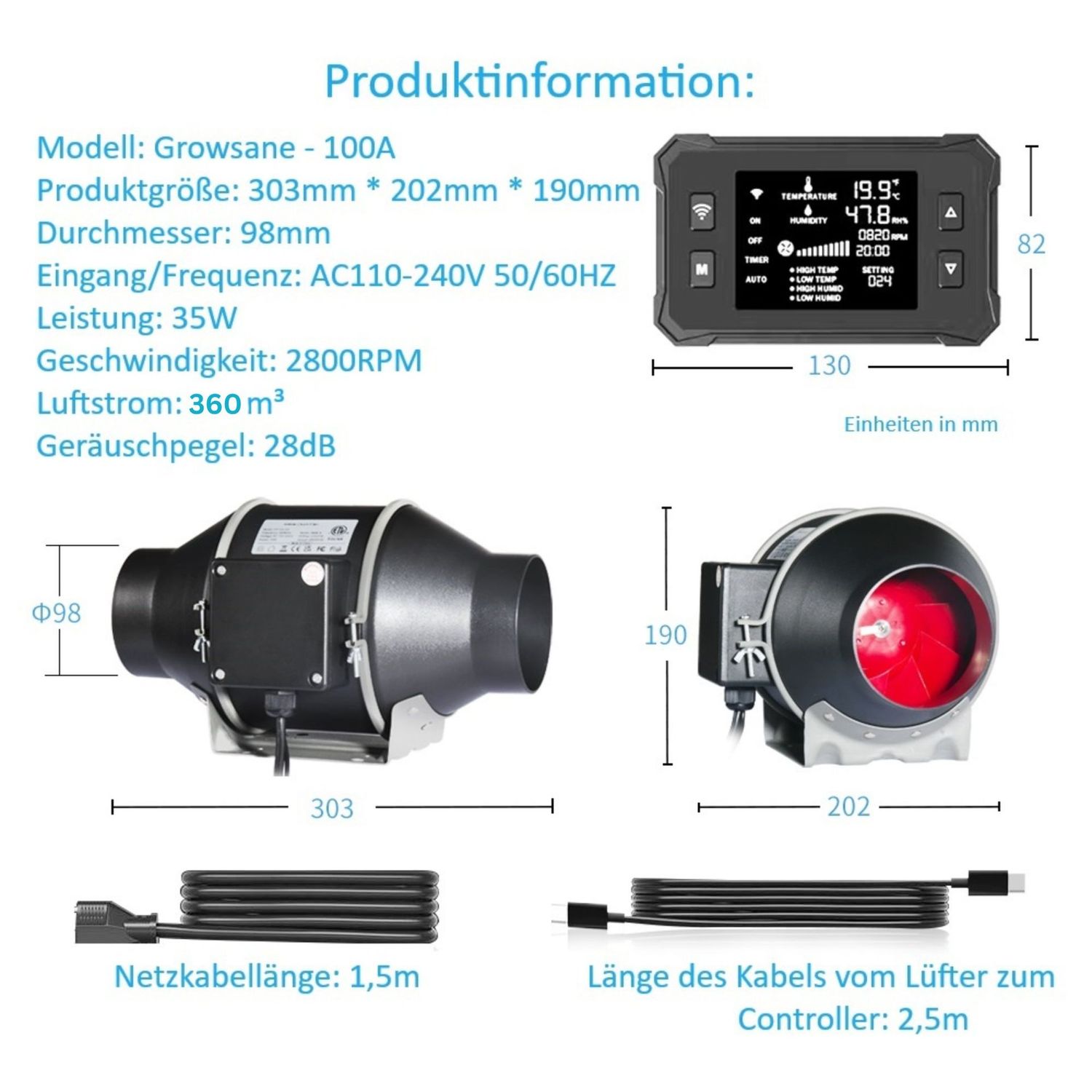Rohrventilator 100A – leise, smart steuerbar & 360 m³/h Luftleistung
