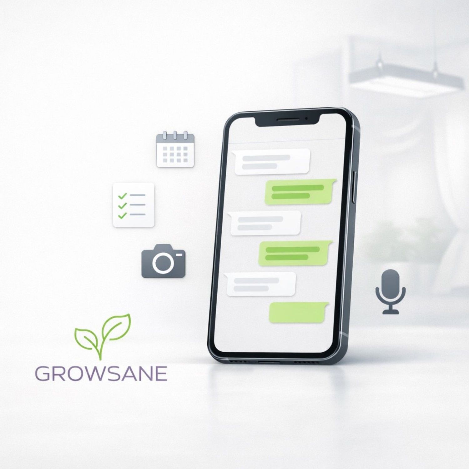 Growsane Grow-Begleitung: Smartphone-Chat mit Support-Icons