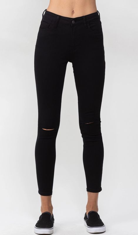 High Rise Black Slit Knee Skinny Jeans