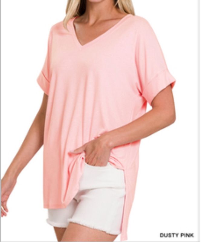 V-neck dusty pink slit side tee