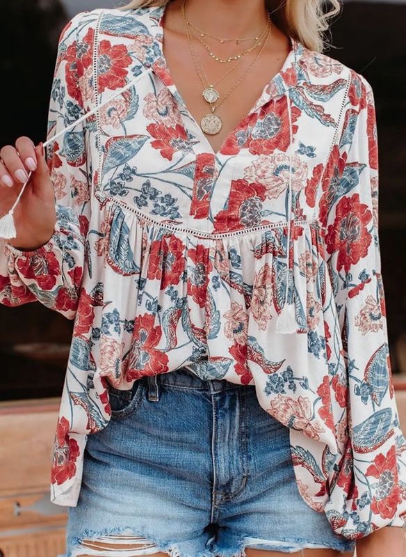 Boho Flow top with blue and red floral rpint