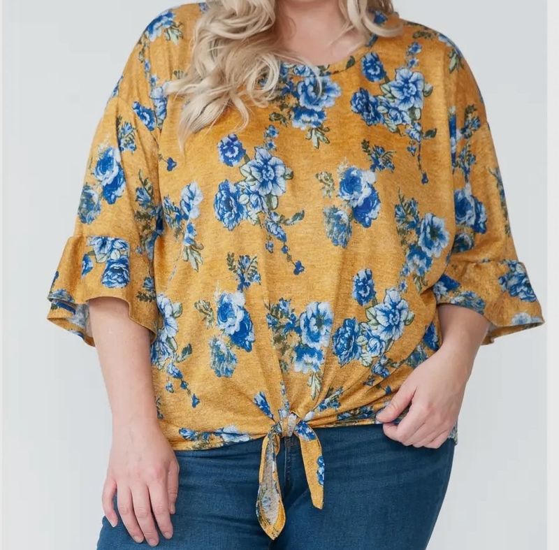 Front Tie Floral Ruffle Sleeve Top