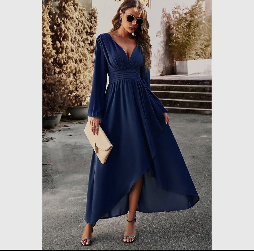 Deep V-Neck High waist Elegant Dress, Color: Navy