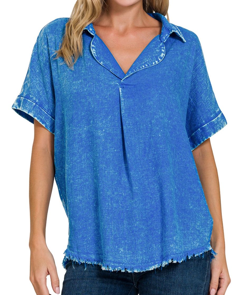 V-NECK RAW EDGE OCEAN BLUE