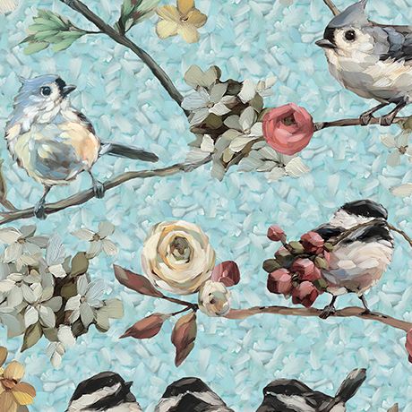 Daisies and Chickadees dusty aqua
