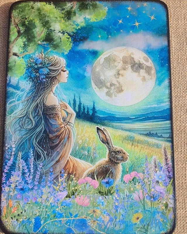 Spiritual girl looking towards the Moon with a Hare