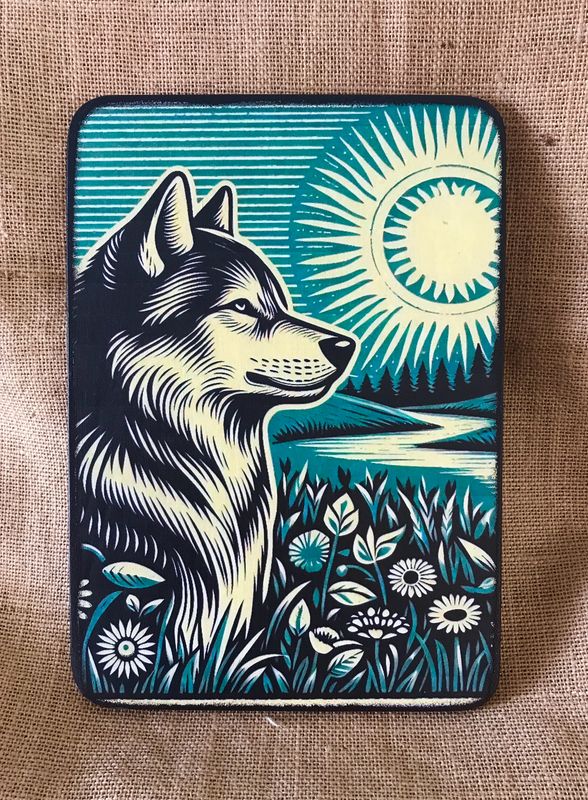 Lino print style Spiritual Wolf basking in the sun