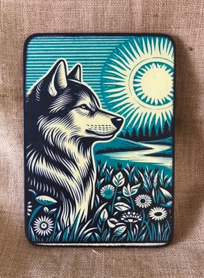 Lino print style Spiritual Wolf basking in the sun