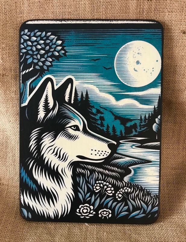 Lino print style Spiritual Wolf under the moon light
