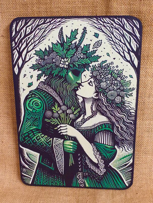 The Beltane Green Man and Goddess - block print style